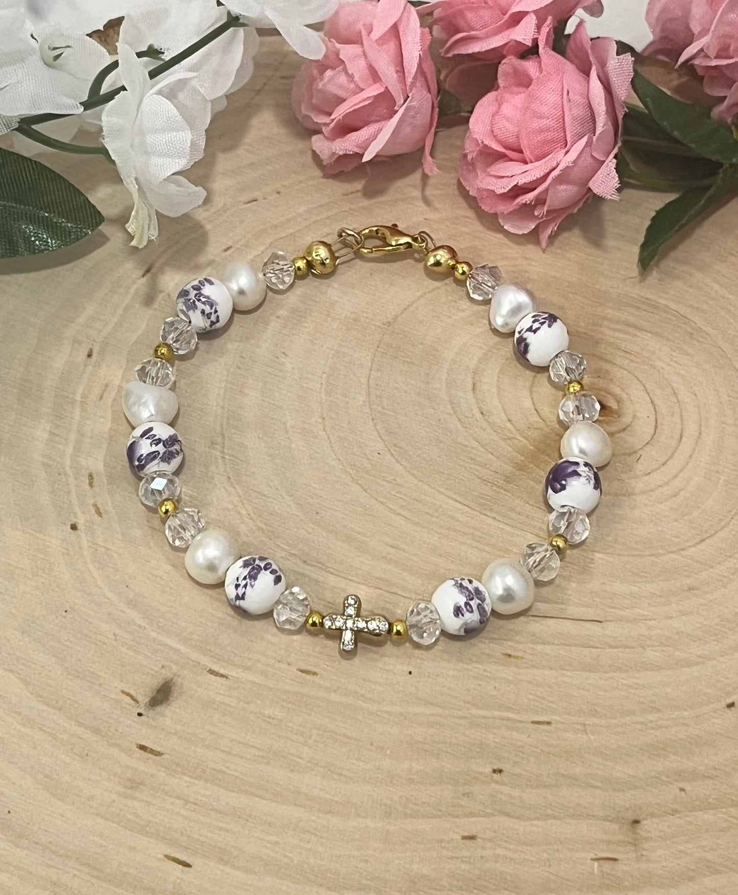 Handmade freshwater pearl floral cross bracelet on gold wire with crystal beads