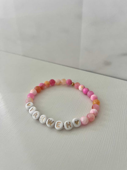 YAHWEH Pink Purple Marble Bracelet showcasing vibrant marble stones, ideal for expressing faith and adding a colorful touch to your jewelry collection.