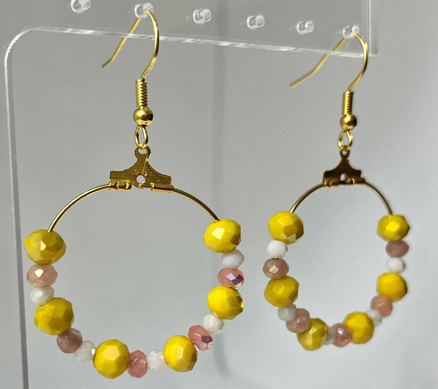 Peach Gold Hoop Earrings with yellow and peach faceted glass beads, elegant jewelry for daily wear

