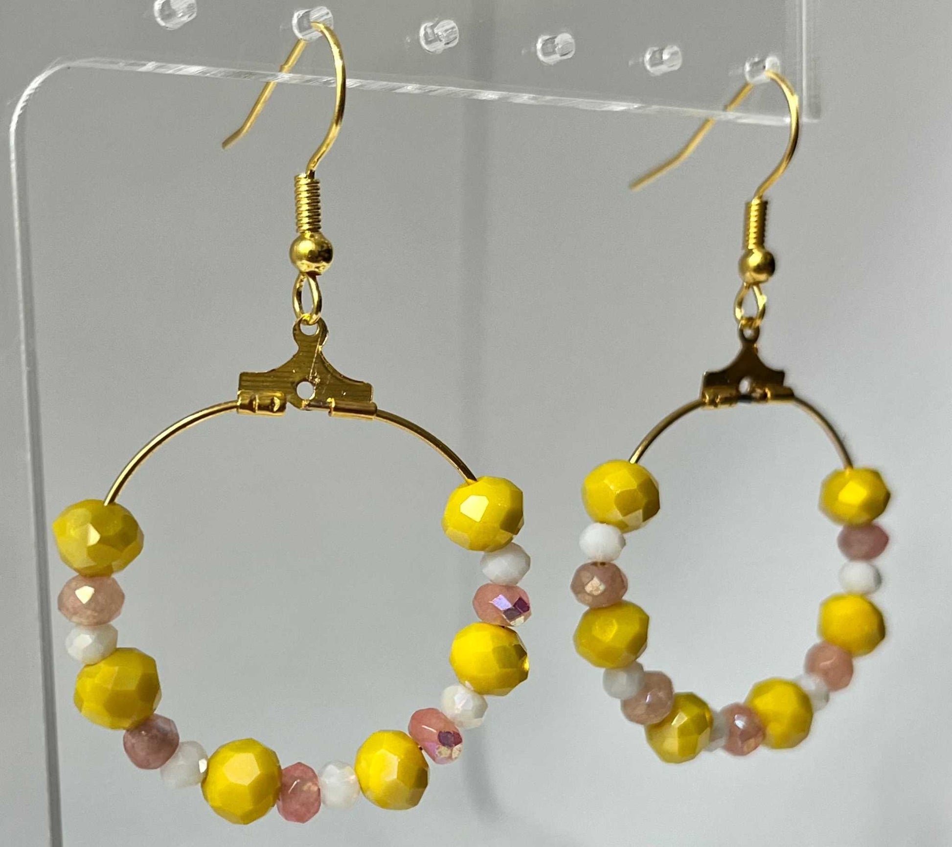 Peach Gold Hoop Earrings with yellow and peach faceted glass beads, elegant jewelry for daily wear

