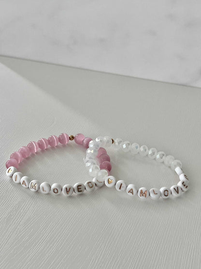 Pink opal and white faceted bead bracelet, I AM LOVED faith jewelry.