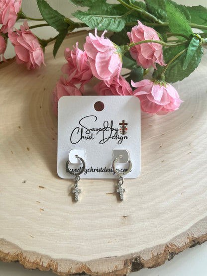 Silver Cross Huggie Hoop Earrings with Lever-Back Closure, 11x12mm Faith-Based Jewelry for Women