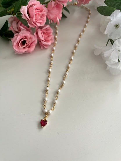 Gold heart necklace with freshwater pearl and 18K gold heart pendant on 18-inch hypoallergenic chain