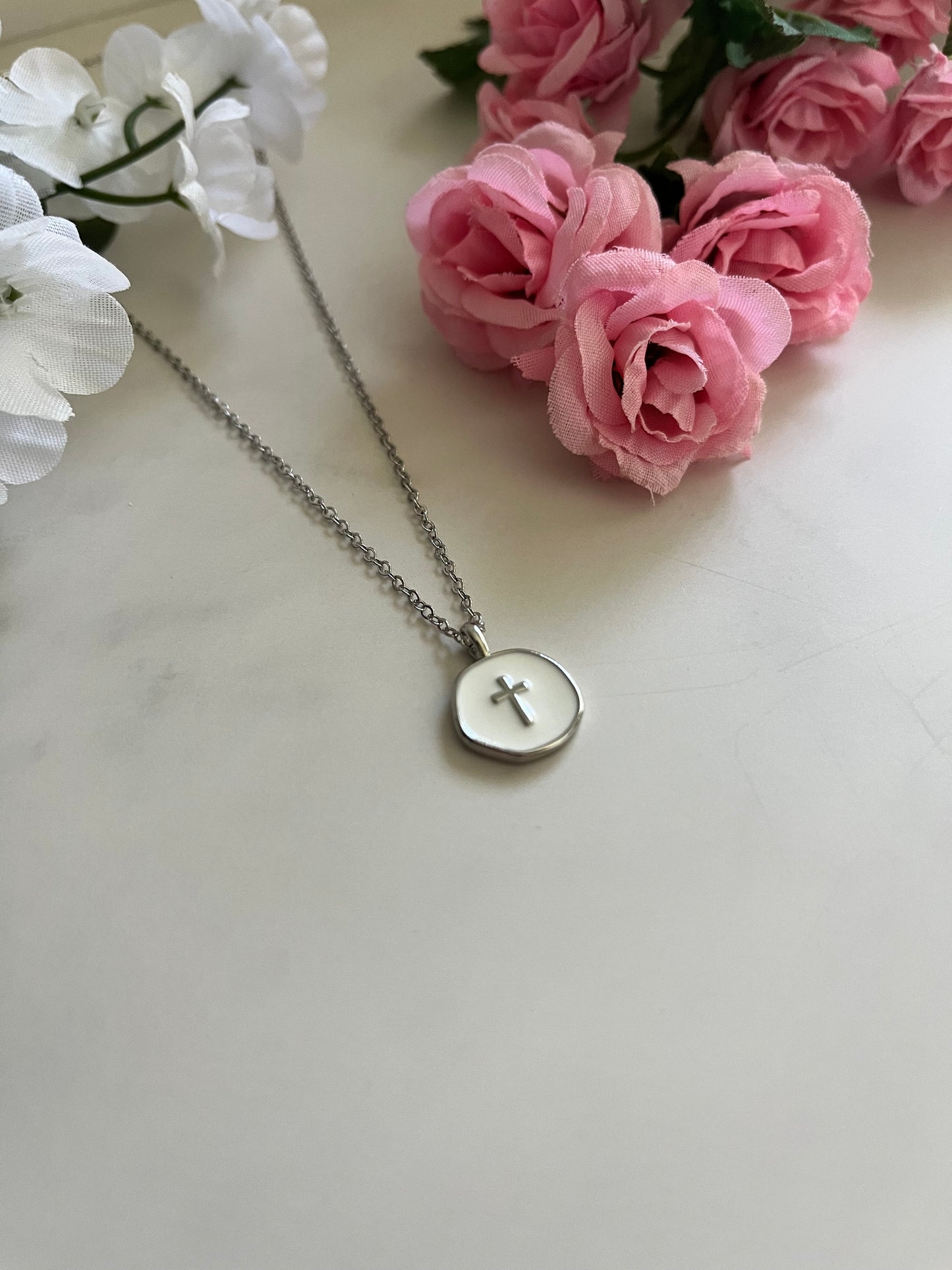 Silver white cross necklace hypoallergenic Christian jewelry
