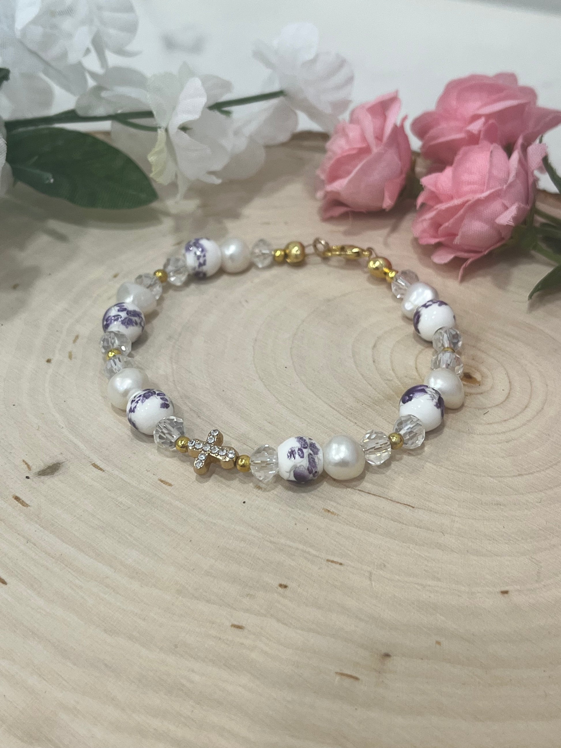 Handmade freshwater pearl floral cross bracelet on gold wire with crystal beads