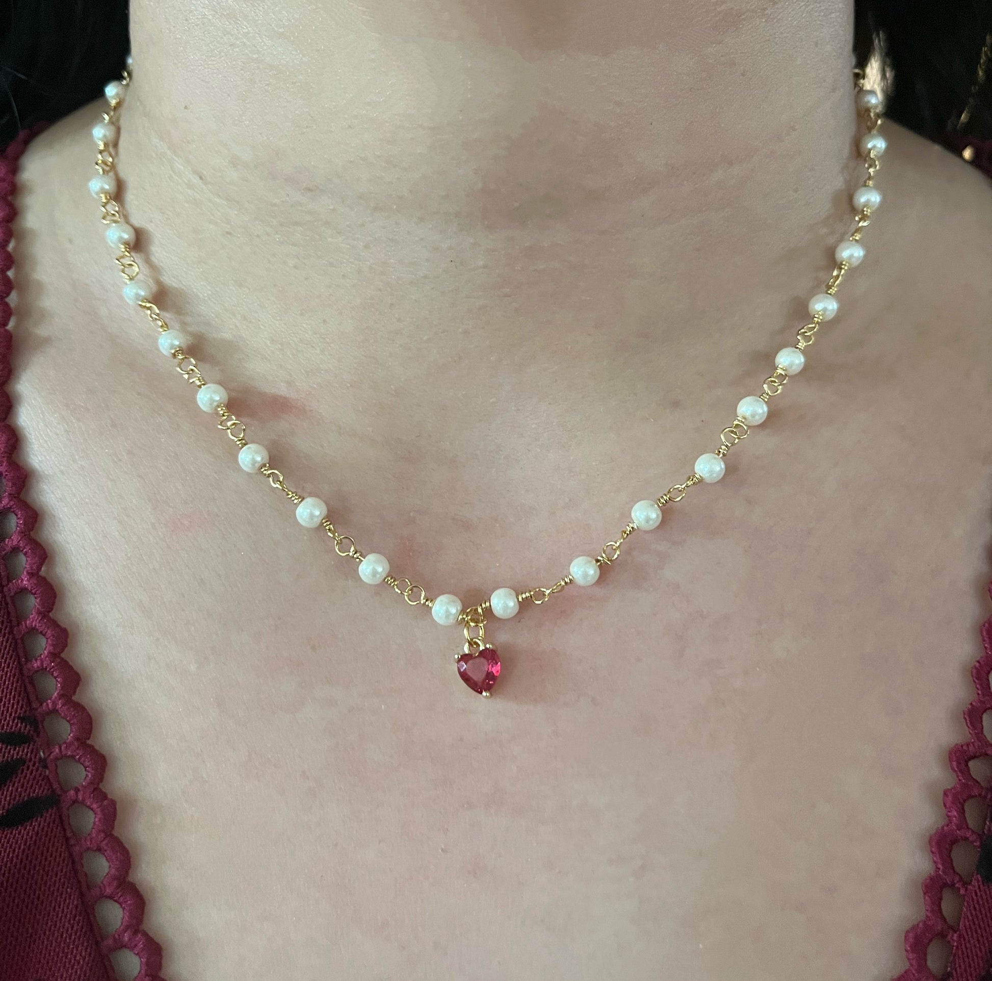 Gold heart necklace with freshwater pearl and 18K gold heart pendant on 18-inch hypoallergenic chain