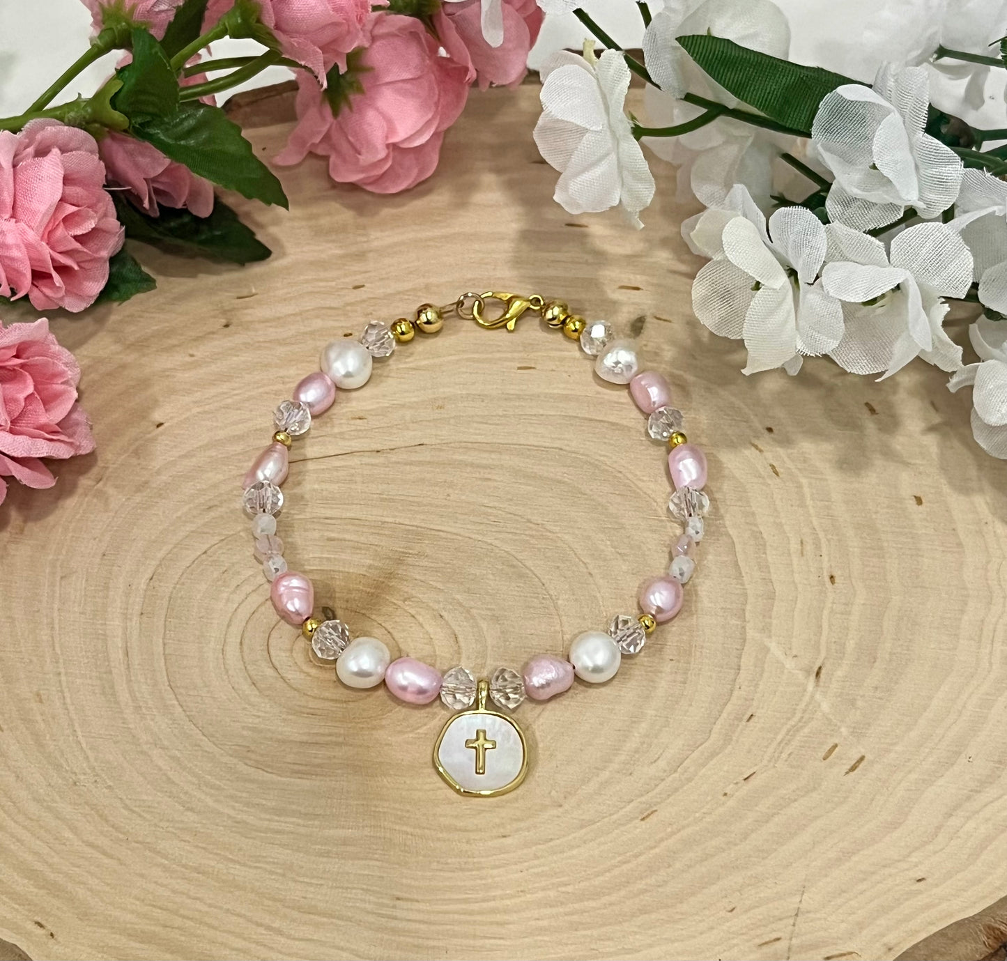 Pink white pearl gold cross bead bracelet Christian jewelry for women