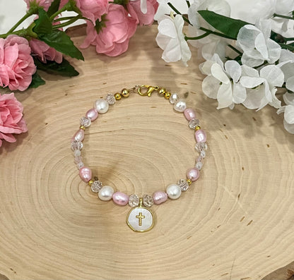 Pink white pearl gold cross bead bracelet Christian jewelry for women