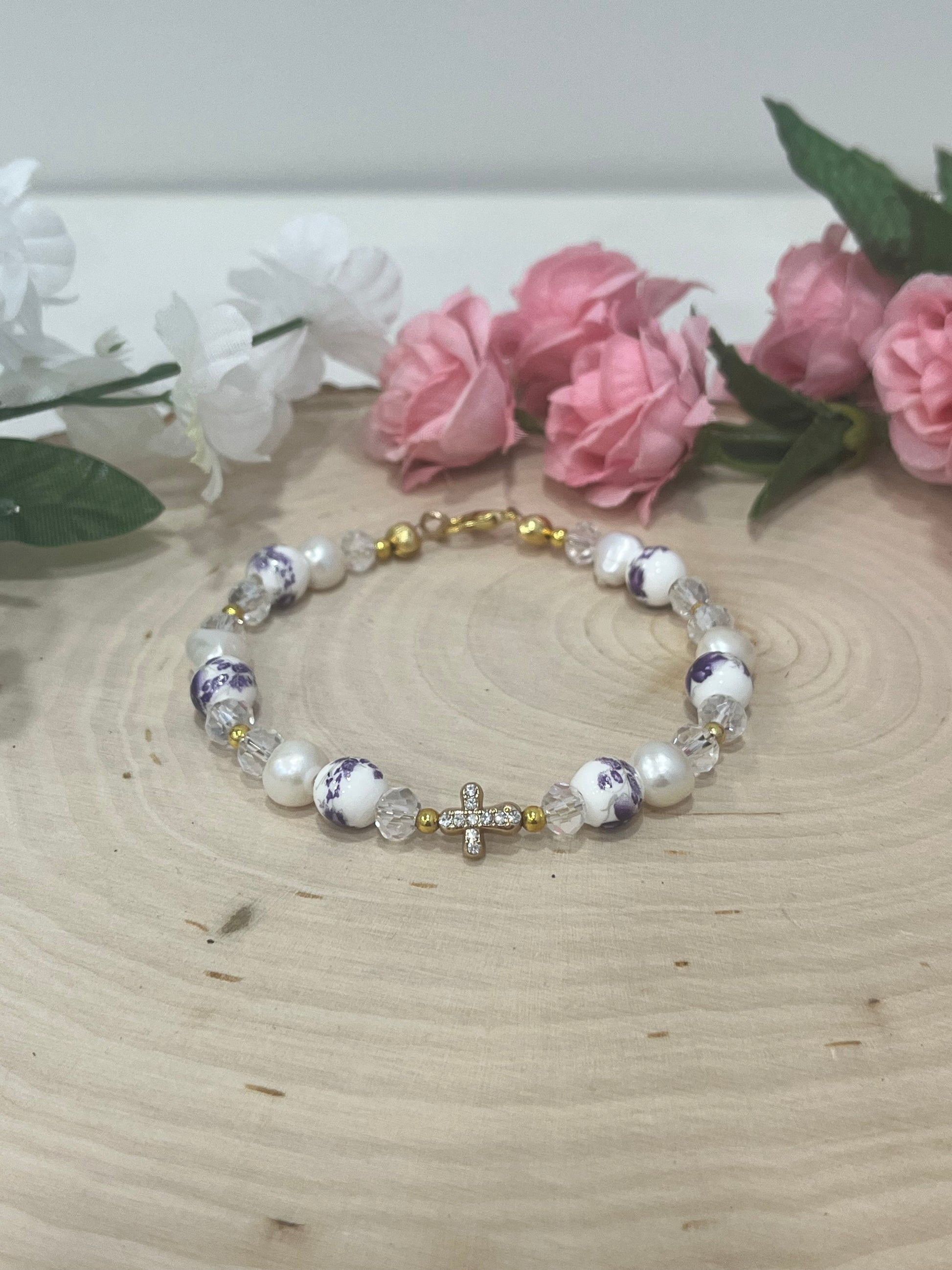 Handmade freshwater pearl floral cross bracelet on gold wire with crystal beads