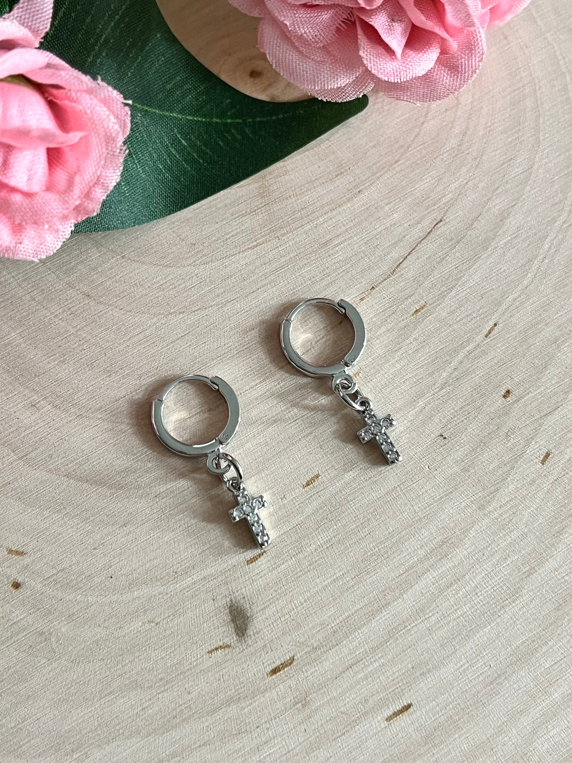 Silver Cross Huggie Hoop Earrings with Lever-Back Closure, 11x12mm Faith-Based Jewelry for Women