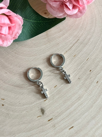 Silver Cross Huggie Hoop Earrings with Lever-Back Closure, 11x12mm Faith-Based Jewelry for Women