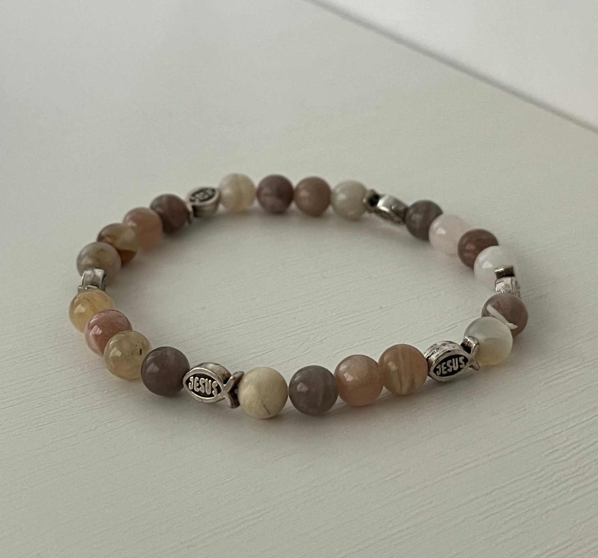 Beige Rose Bead Bracelet with Jesus Fish charm – faith jewelry.

