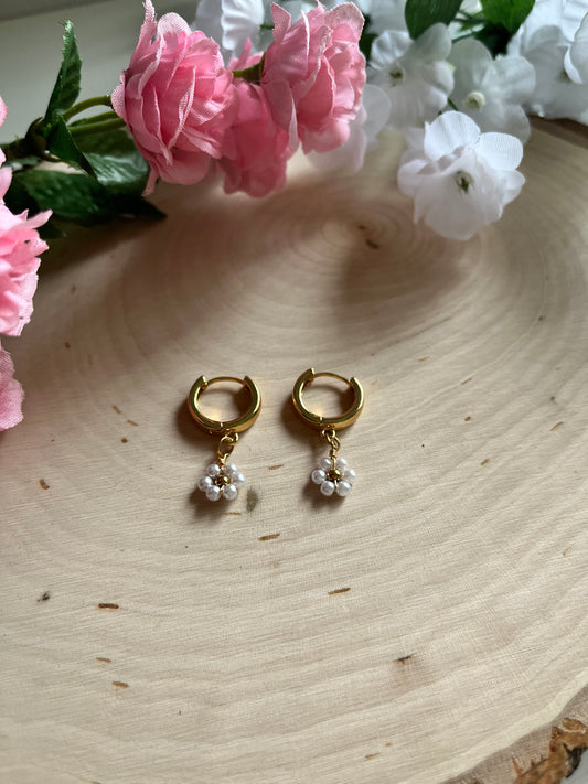 Gold floral huggie earrings with anti-tarnish finish – faith-inspired Christian jewelry