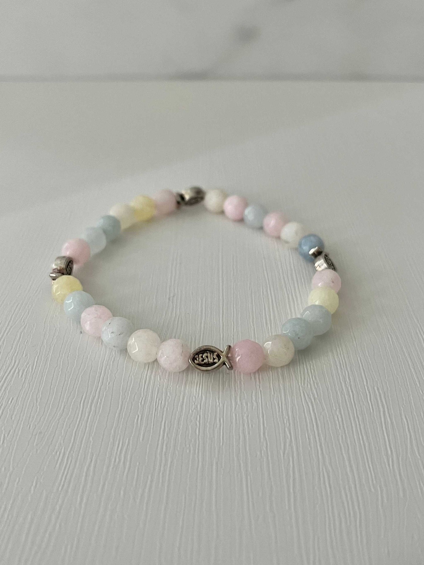 Handmade multicolor bead bracelet, unique Christian faith jewelry.
