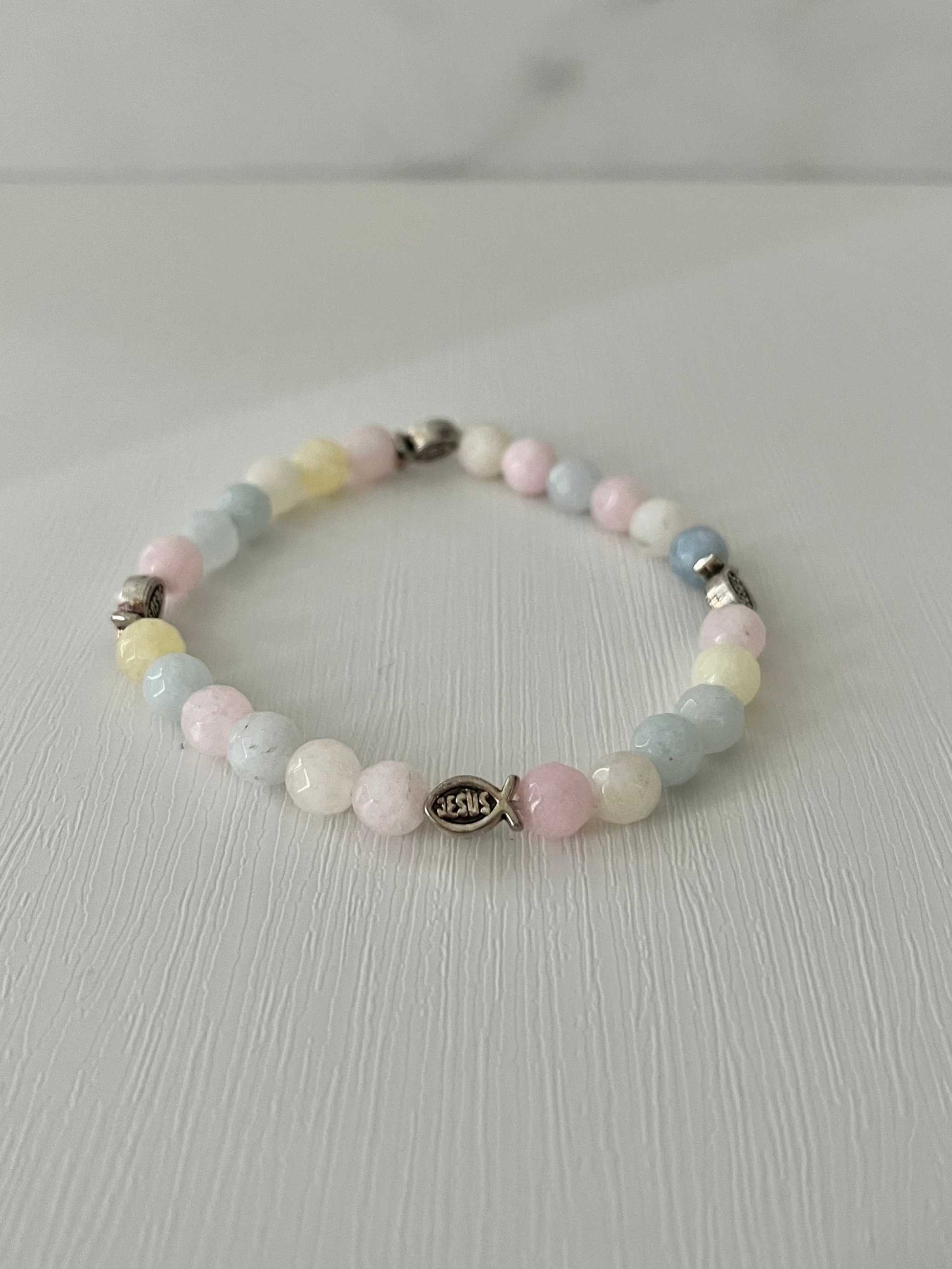 Handmade multicolor bead bracelet, unique Christian faith jewelry.
