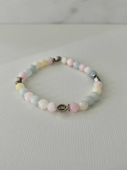 Handmade multicolor bead bracelet, unique Christian faith jewelry.