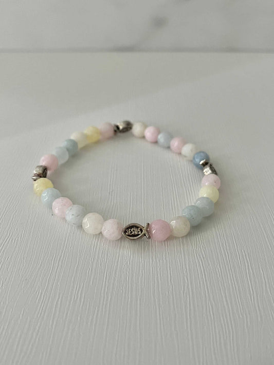 Handmade multicolor bead bracelet, unique Christian faith jewelry.