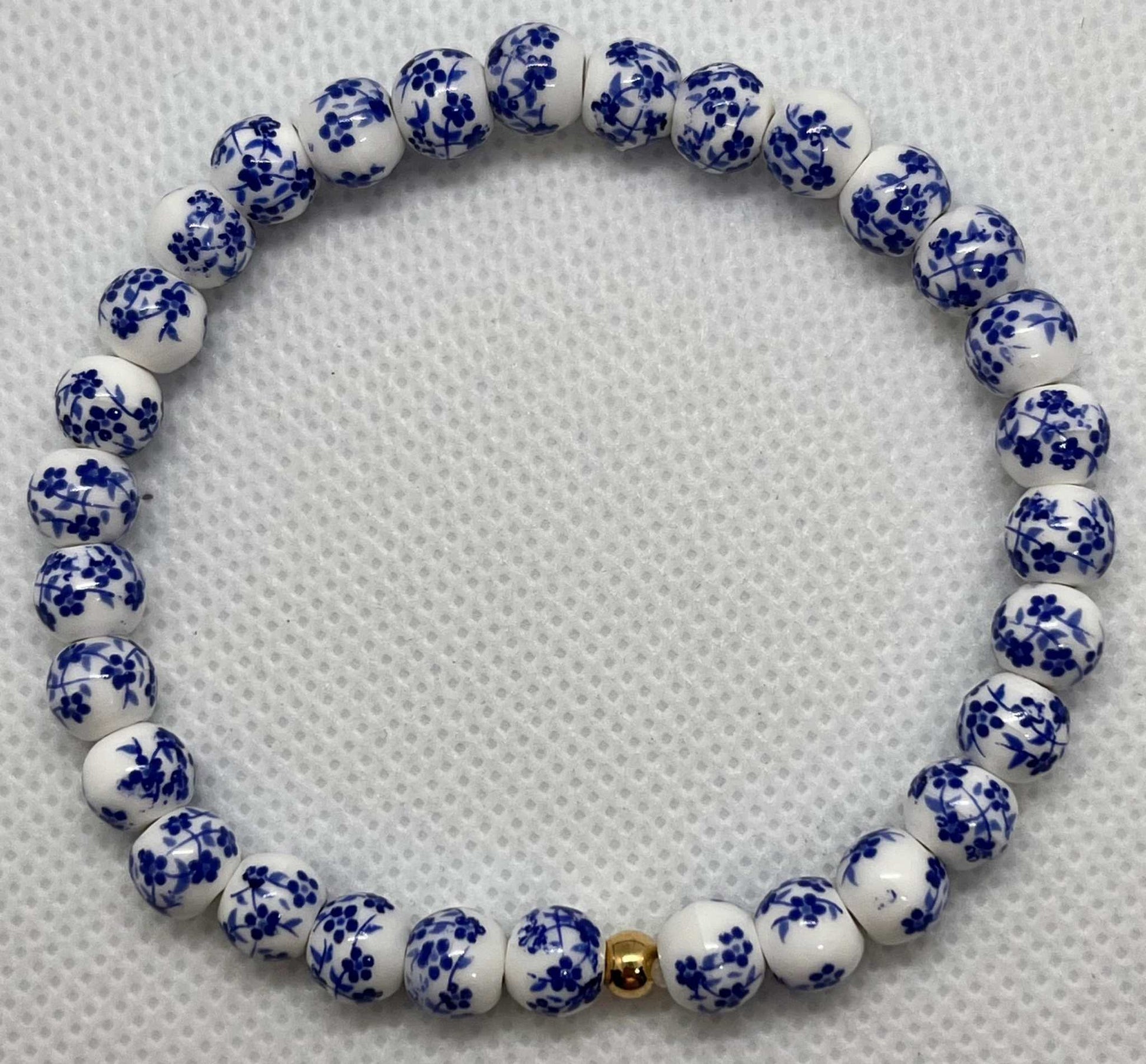 Beaded Bracelet with blue floral beads and stretchy fit, perfect for everyday wear


