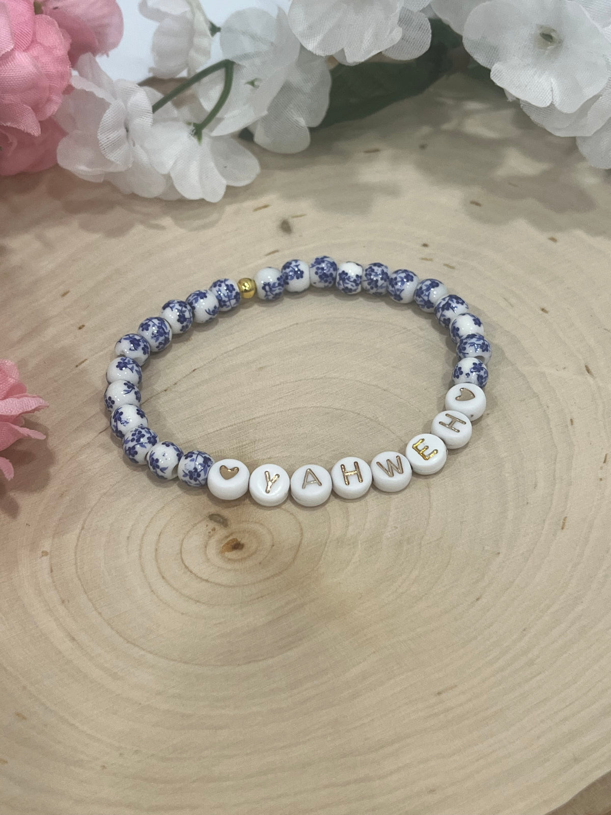 Yahweh floral stone marble bead bracelet Christian jewelry 