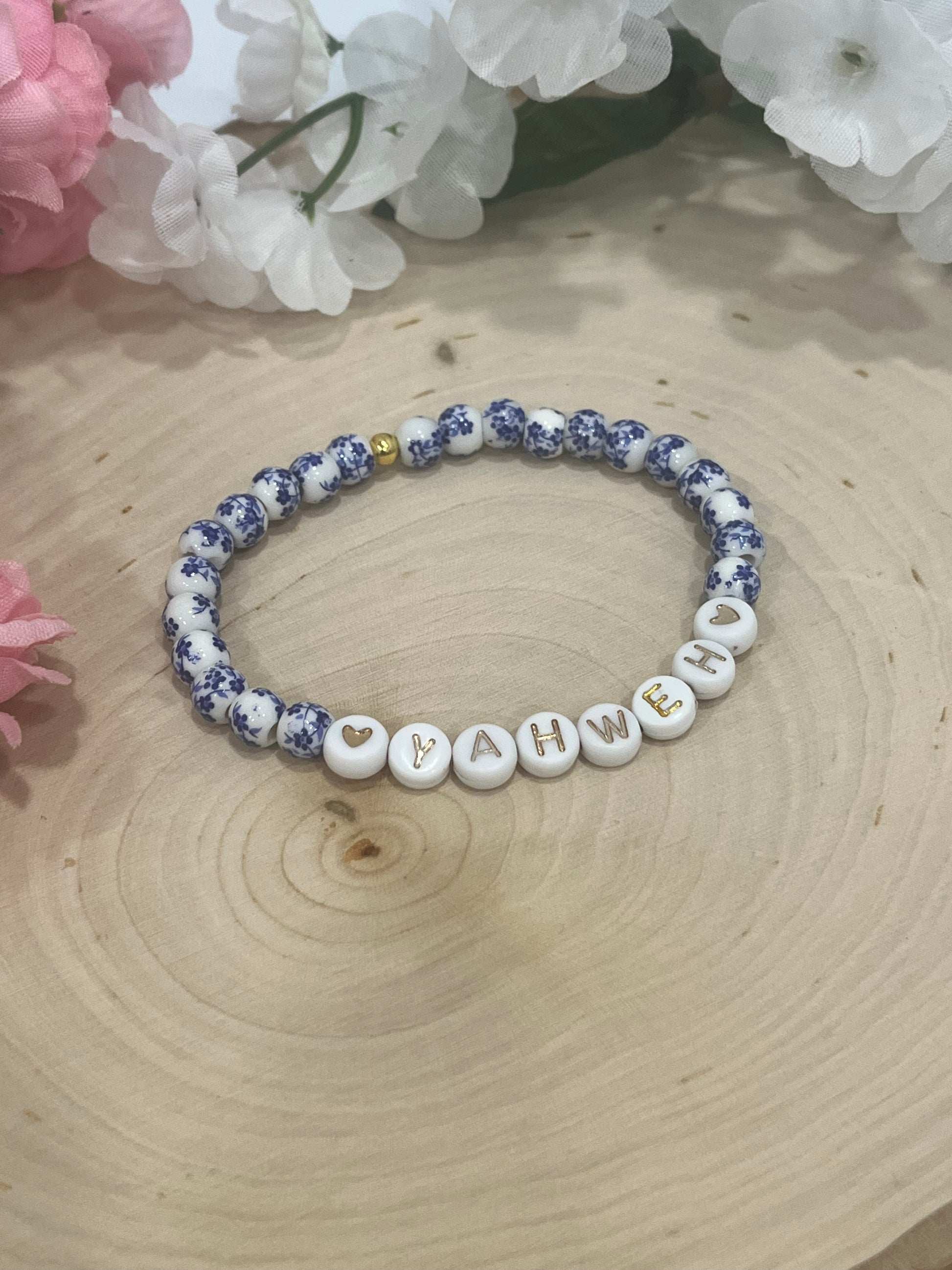 Yahweh floral stone marble bead bracelet Christian jewelry 