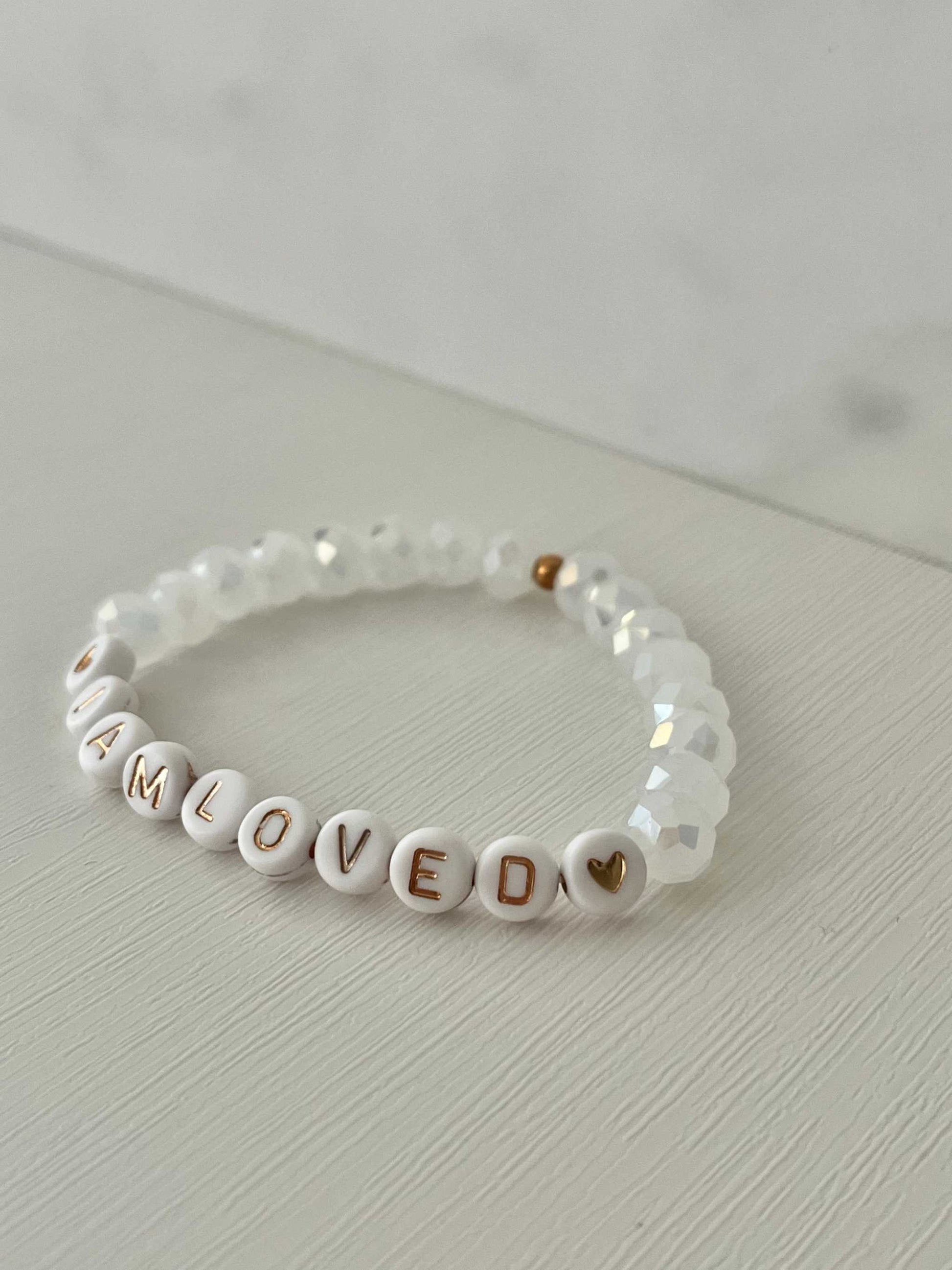Pink opal and white faceted bead bracelet, I AM LOVED faith jewelry.