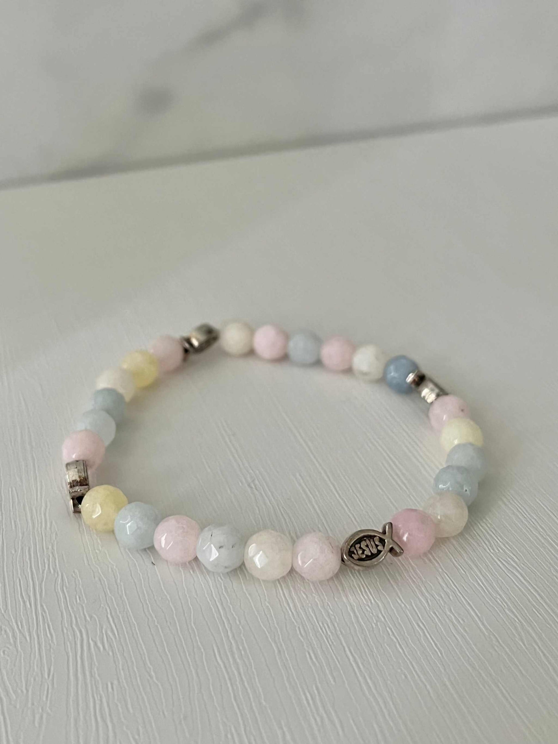 Handmade multicolor bead bracelet, unique Christian faith jewelry.