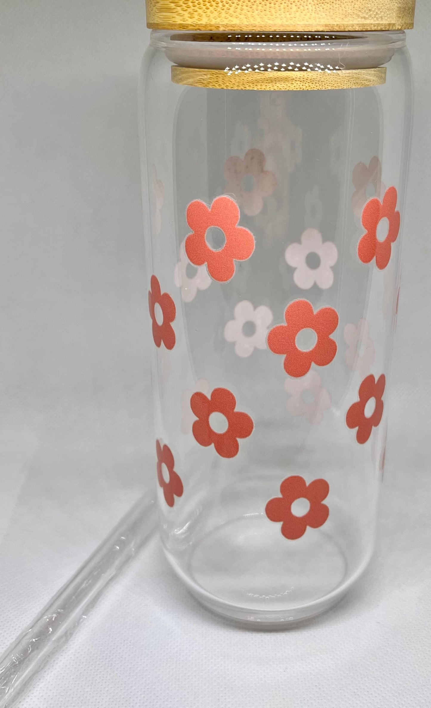 Pink Flower Glass Tumbler with straw and cleaner – 22oz drinkware.


