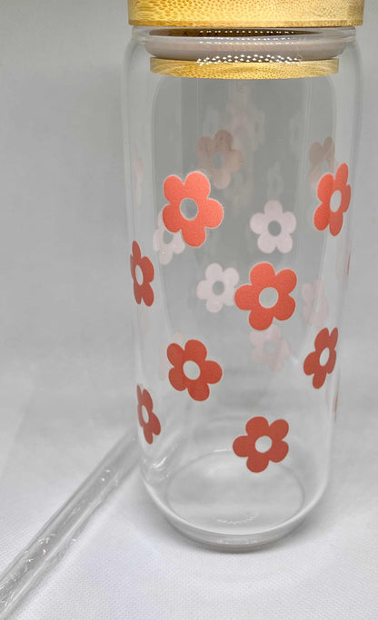 Pink Flower Glass Tumbler with straw and cleaner – 22oz drinkware.

