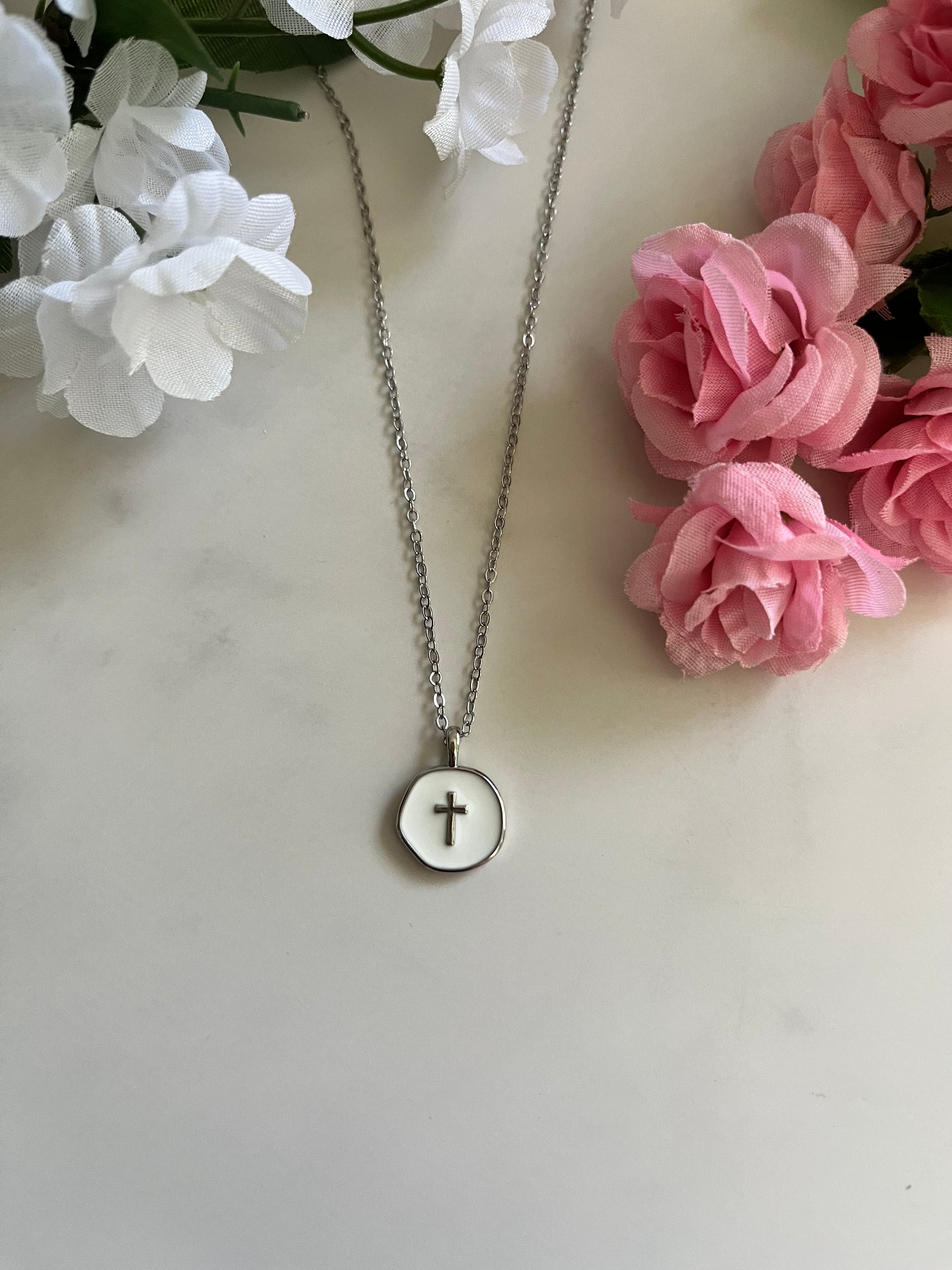 Silver white cross necklace hypoallergenic Christian jewelry
