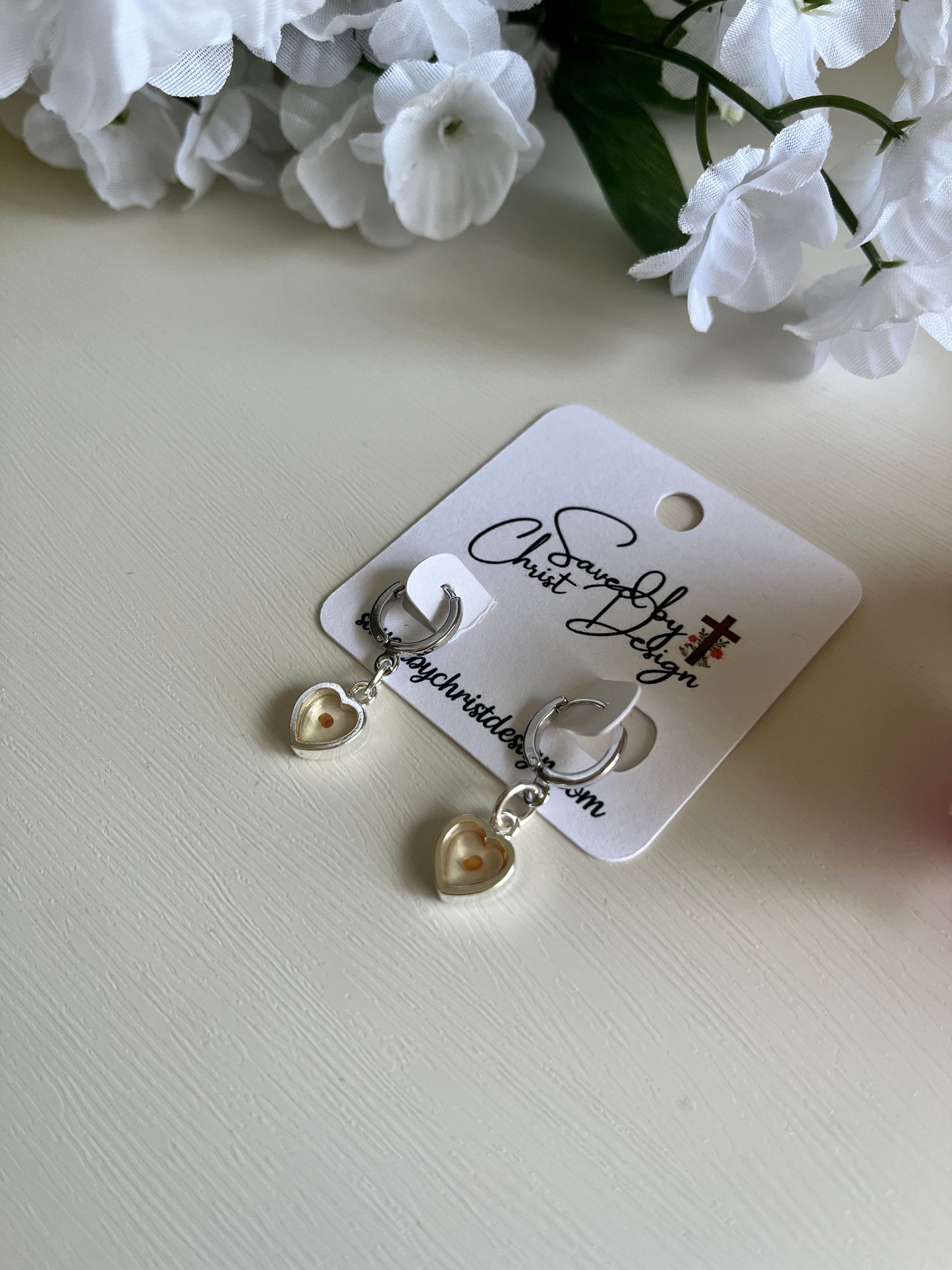 Mustard Seed Heart Huggie Earrings Christian jewelry with real mustard seed charm in gold or silver