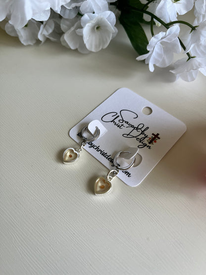 Mustard Seed Heart Huggie Earrings Christian jewelry with real mustard seed charm in gold or silver