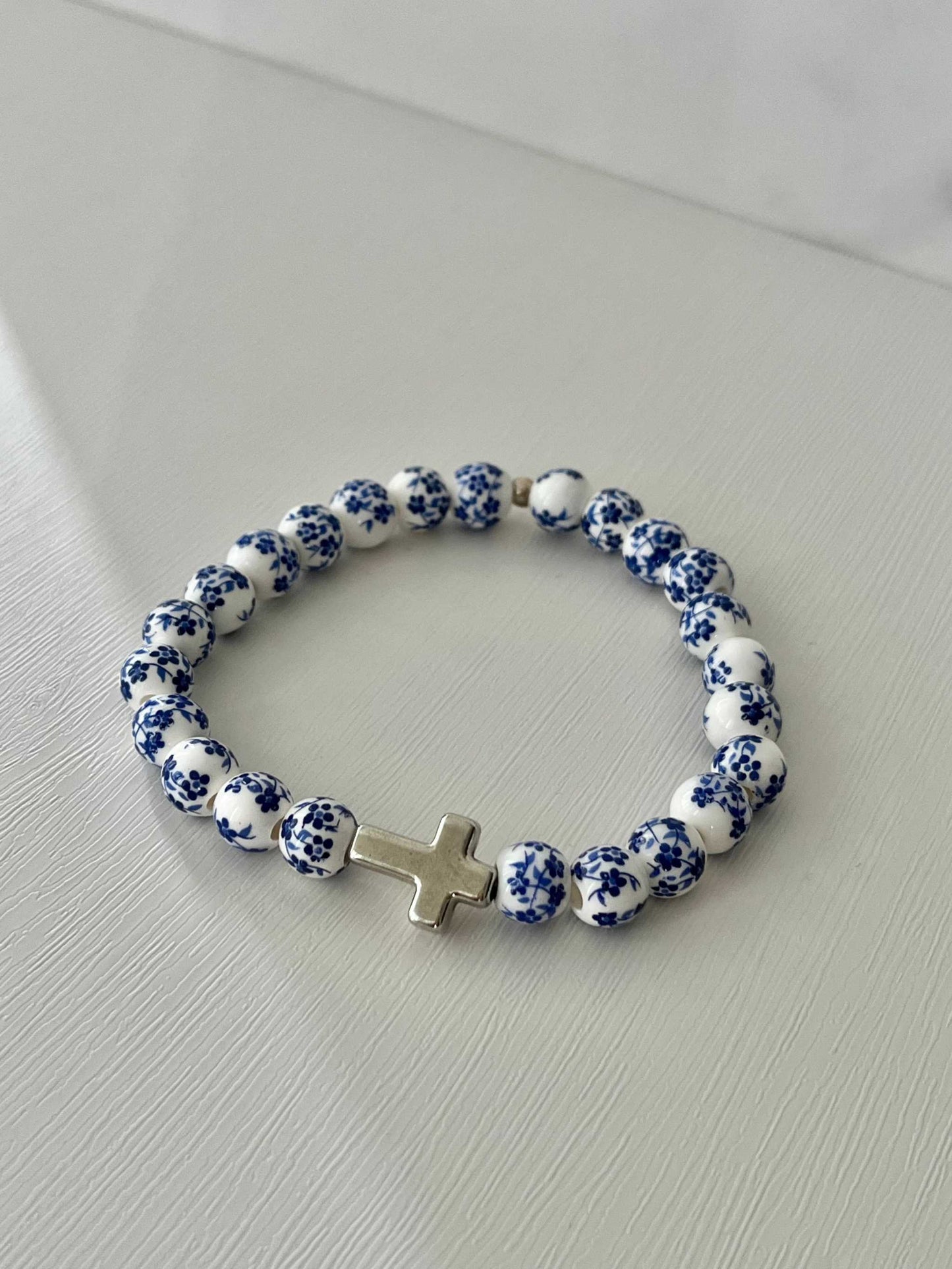 Blue floral cross bead bracelet, handmade Christian jewelry and faith gift for women