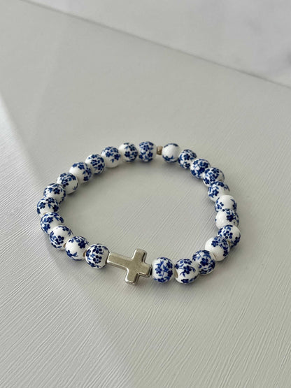 Blue floral cross bead bracelet, handmade Christian jewelry and faith gift for women