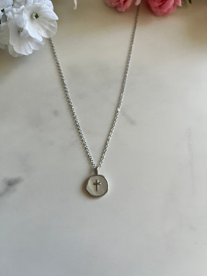 Pearl cross silver necklace with dainty pendant hypoallergenic Christian jewelry
