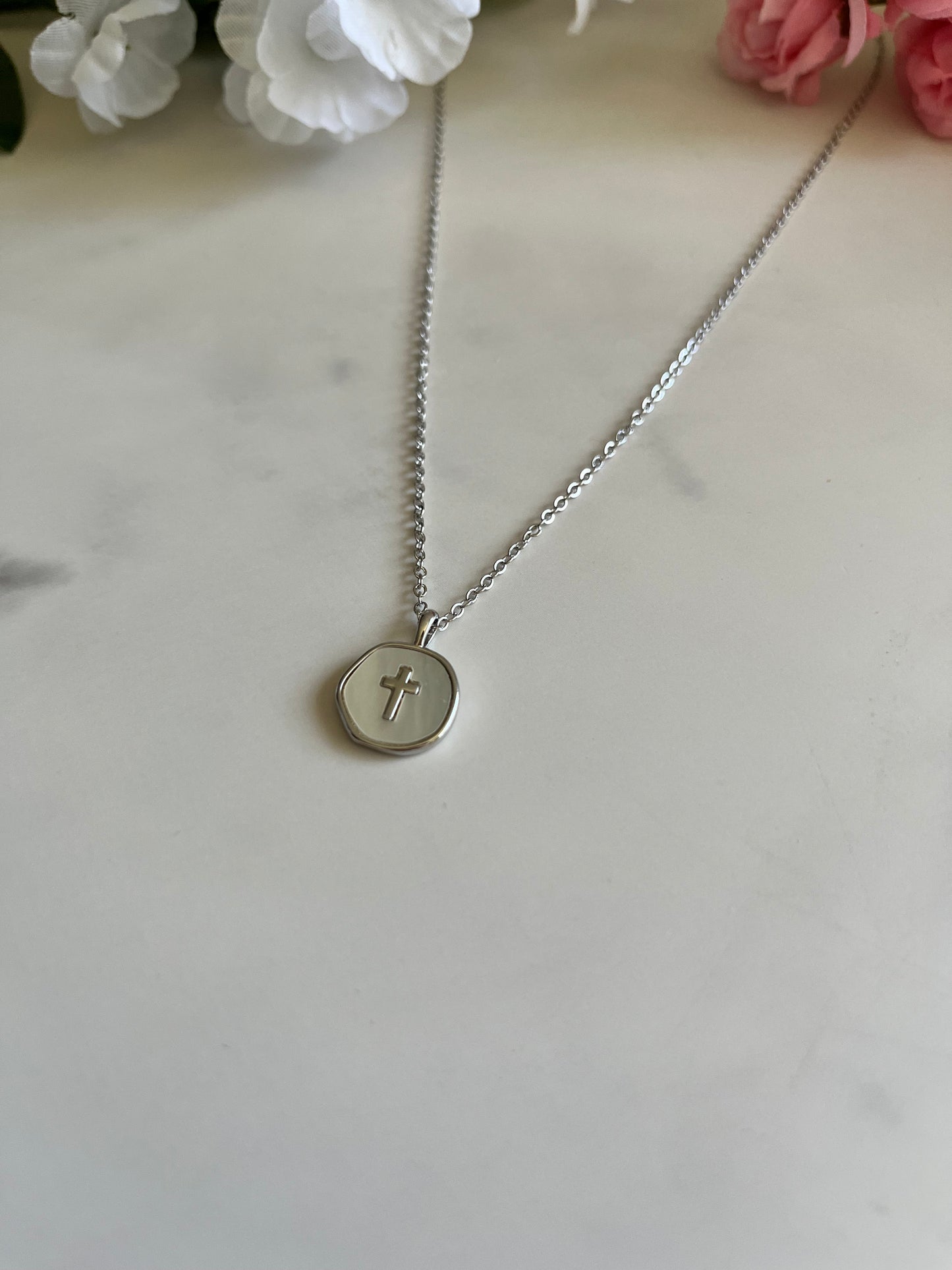 Pearl cross silver necklace with dainty pendant hypoallergenic Christian jewelry
