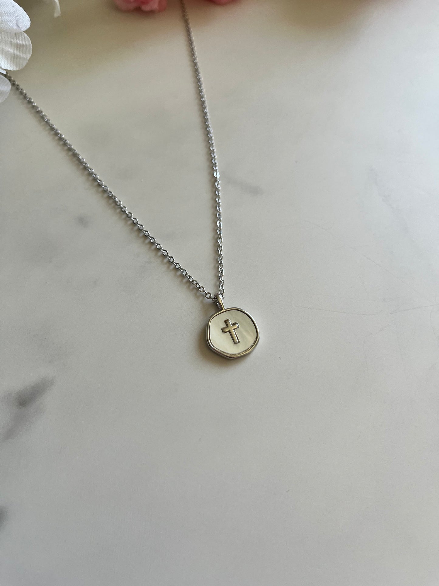 Pearl cross silver necklace with dainty pendant hypoallergenic Christian jewelry
