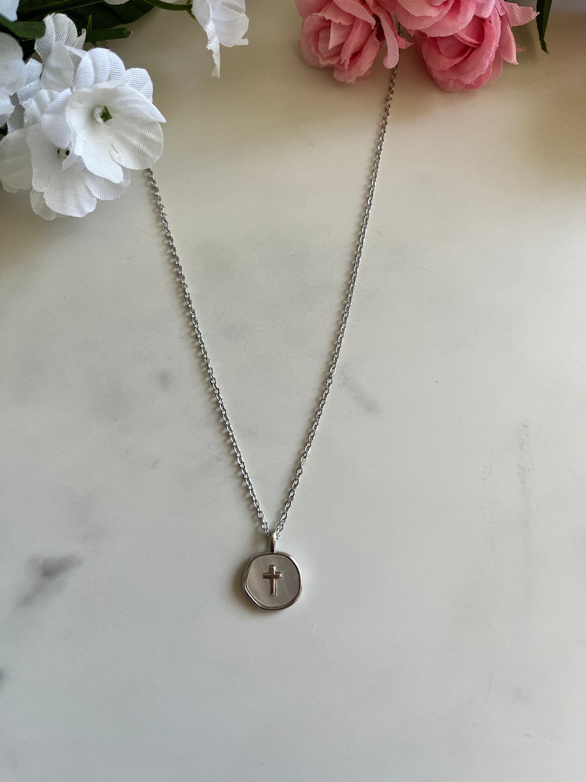 Pearl cross silver necklace with dainty pendant hypoallergenic Christian jewelry
