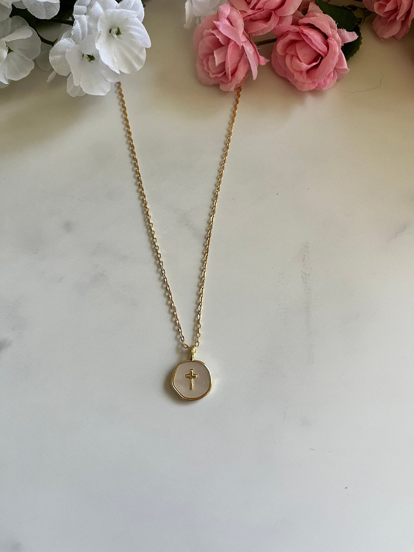Pearl cross gold necklace with dainty pendant Christian jewelry
