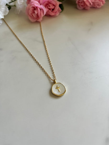 Pearl cross gold necklace with dainty pendant Christian jewelry