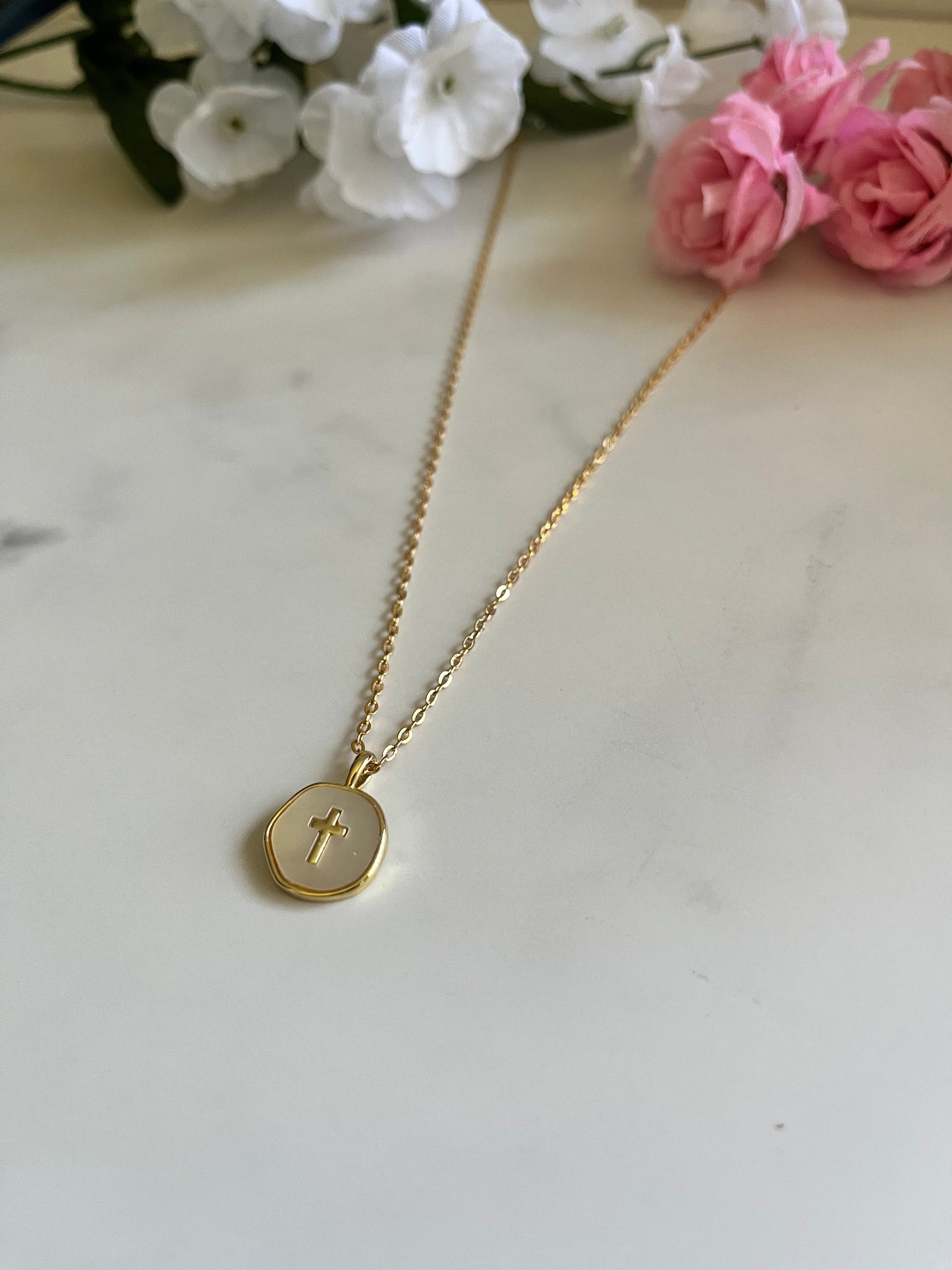 Pearl cross gold necklace with dainty pendant Christian jewelry