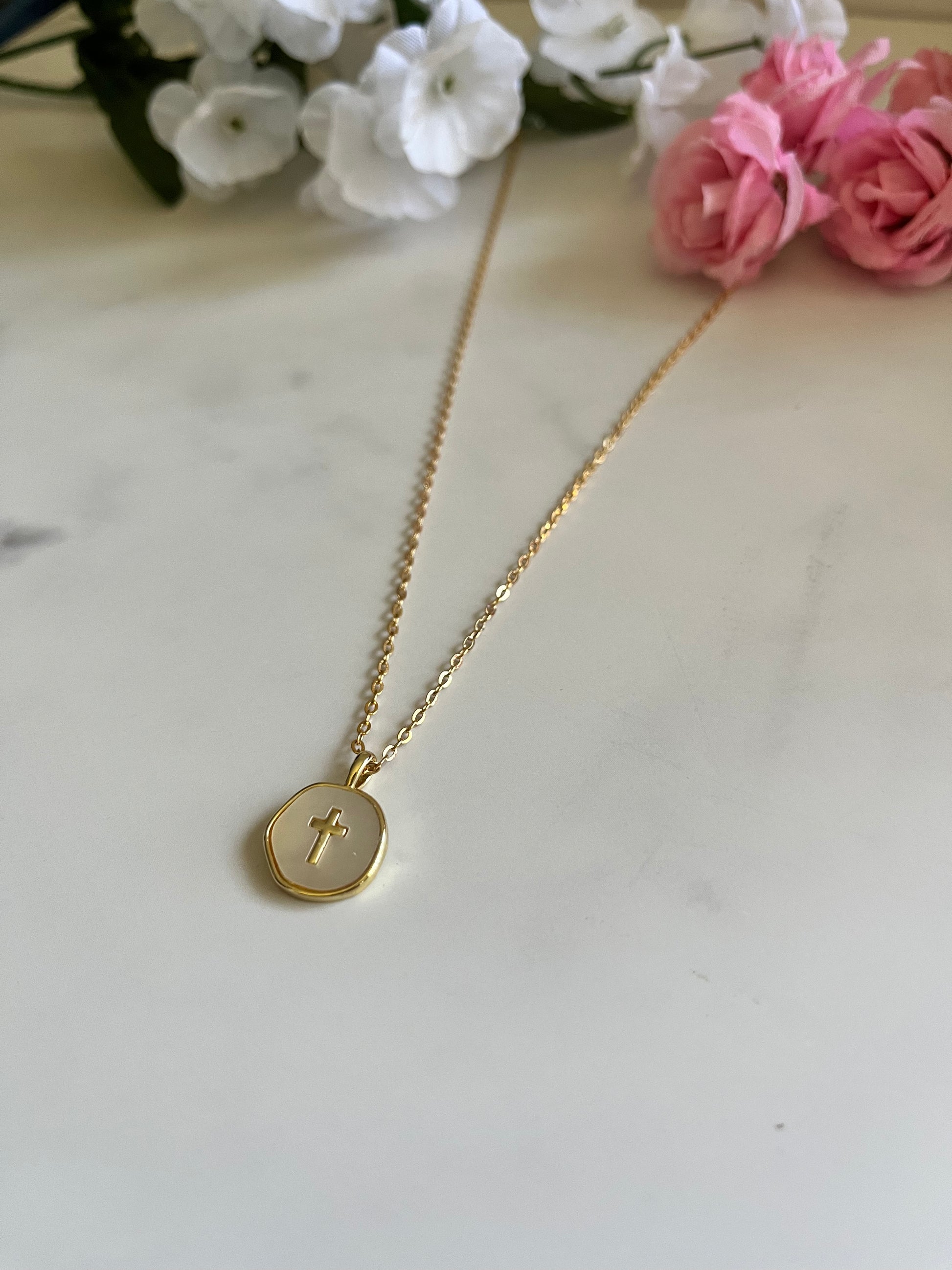 Pearl cross gold necklace with dainty pendant Christian jewelry