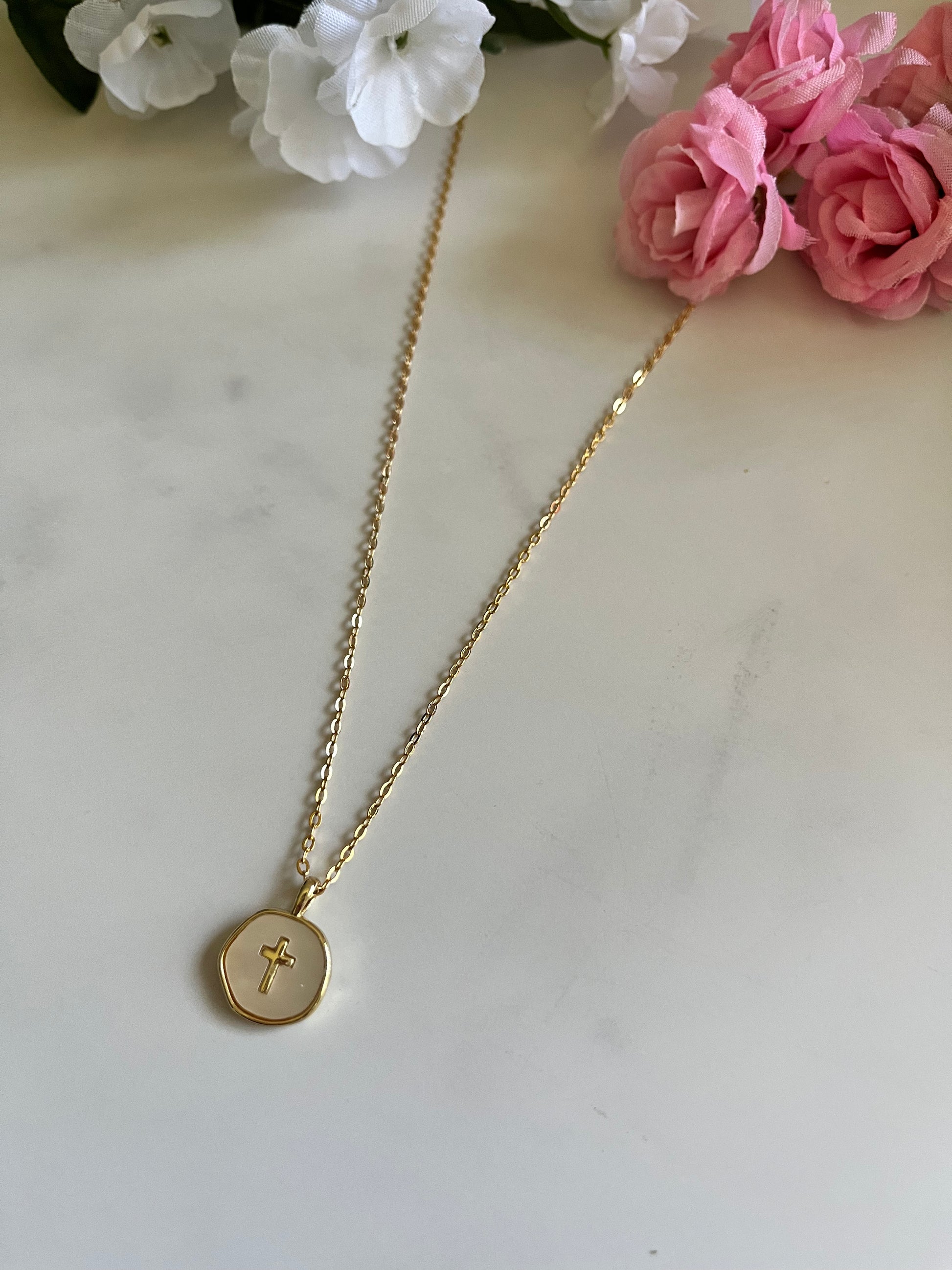 Pearl cross gold necklace with dainty pendant Christian jewelry