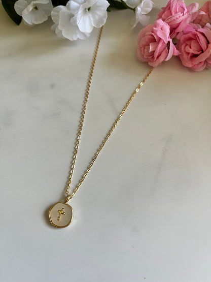 Pearl cross gold necklace with dainty pendant Christian jewelry