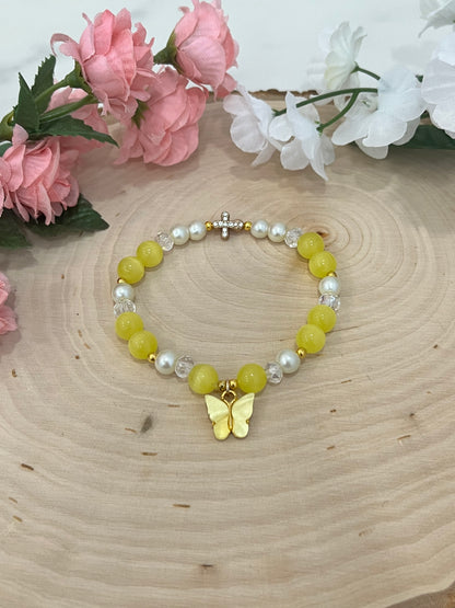 Christian Butterfly Cross Pearl Bead Bracelet for Women
