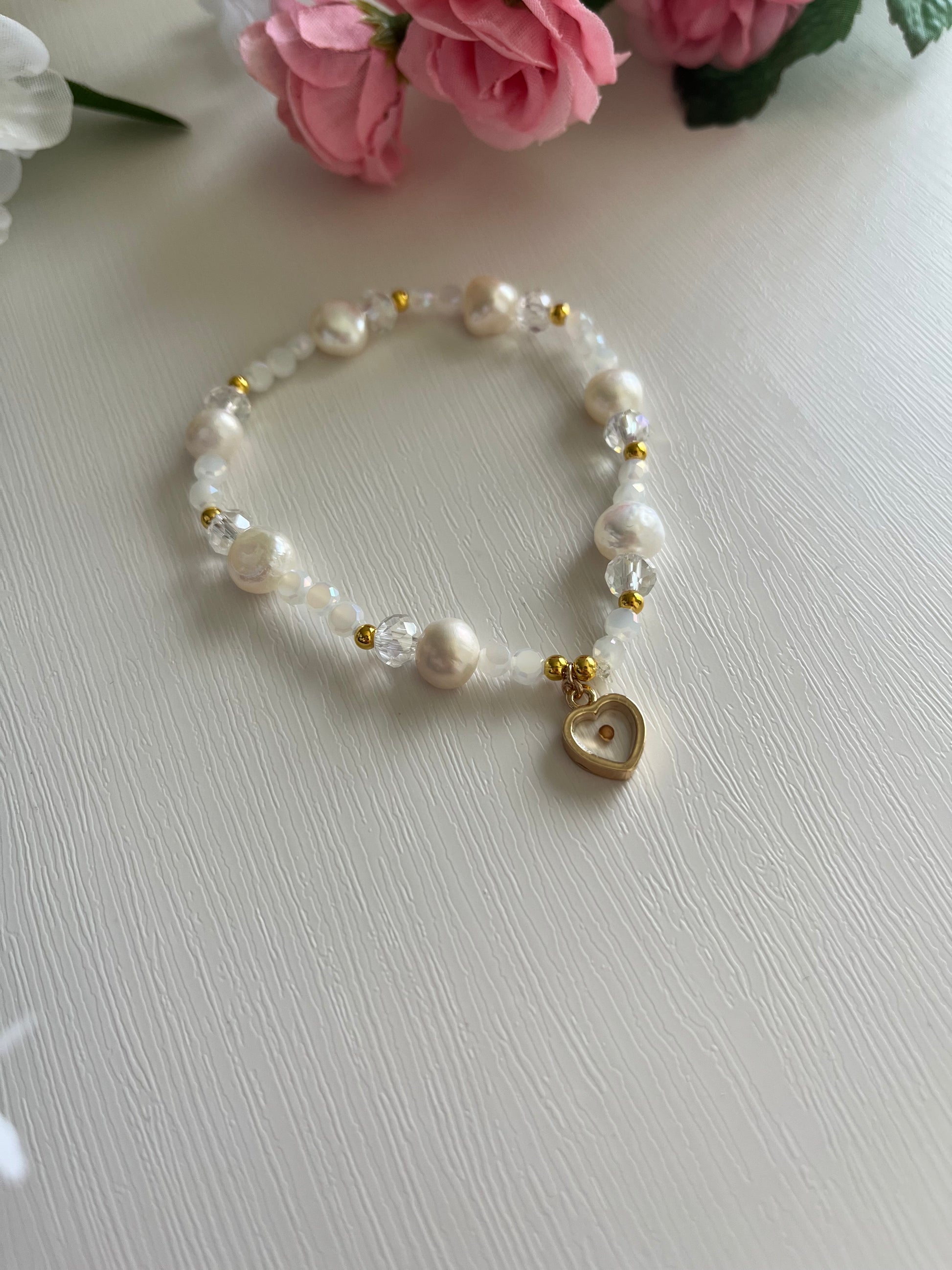 Mustard Seed Freshwater Pearl Bead Bracelet with gold or silver charm