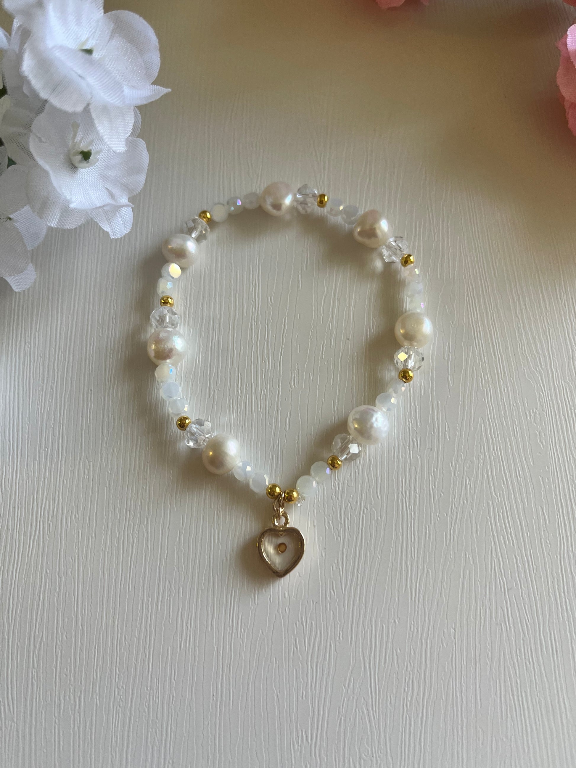 Mustard Seed Freshwater Pearl Bead Bracelet with gold or silver charm