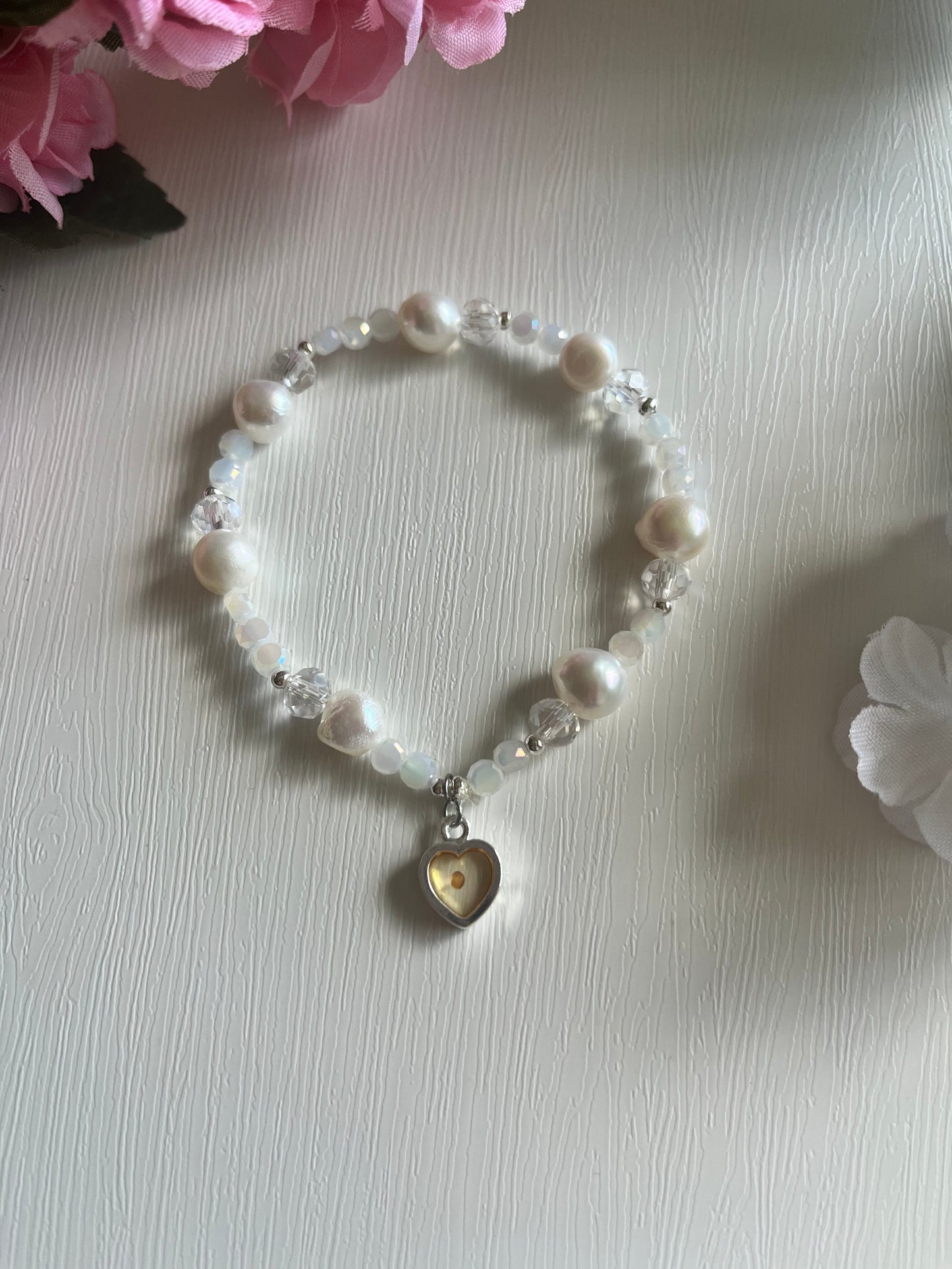 Mustard Seed Freshwater Pearl Bead Bracelet with gold or silver charm