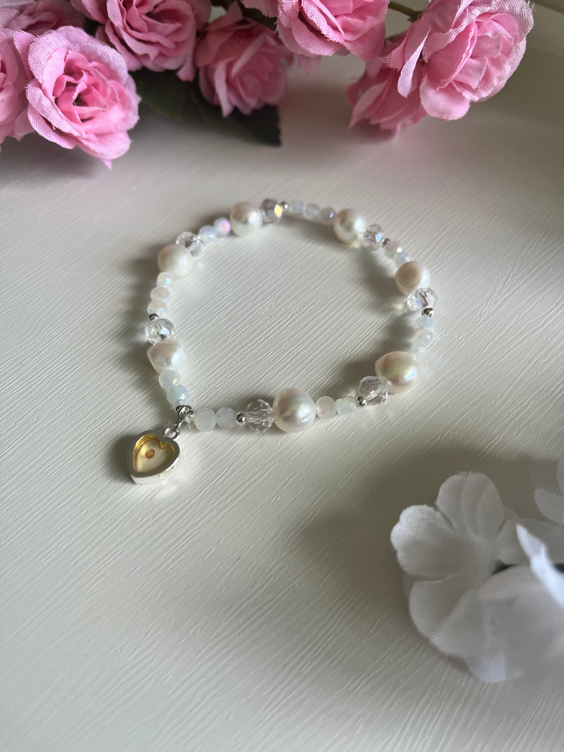 Mustard Seed Freshwater Pearl Bead Bracelet with gold or silver charm