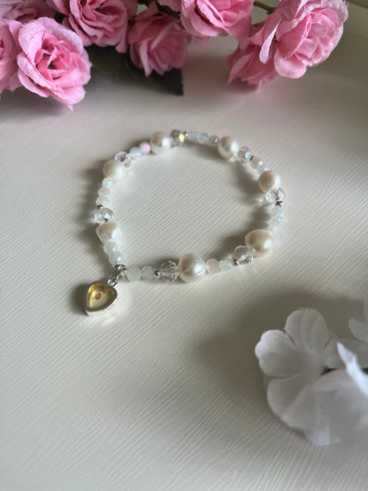 Mustard Seed Freshwater Pearl Bead Bracelet with gold or silver charm