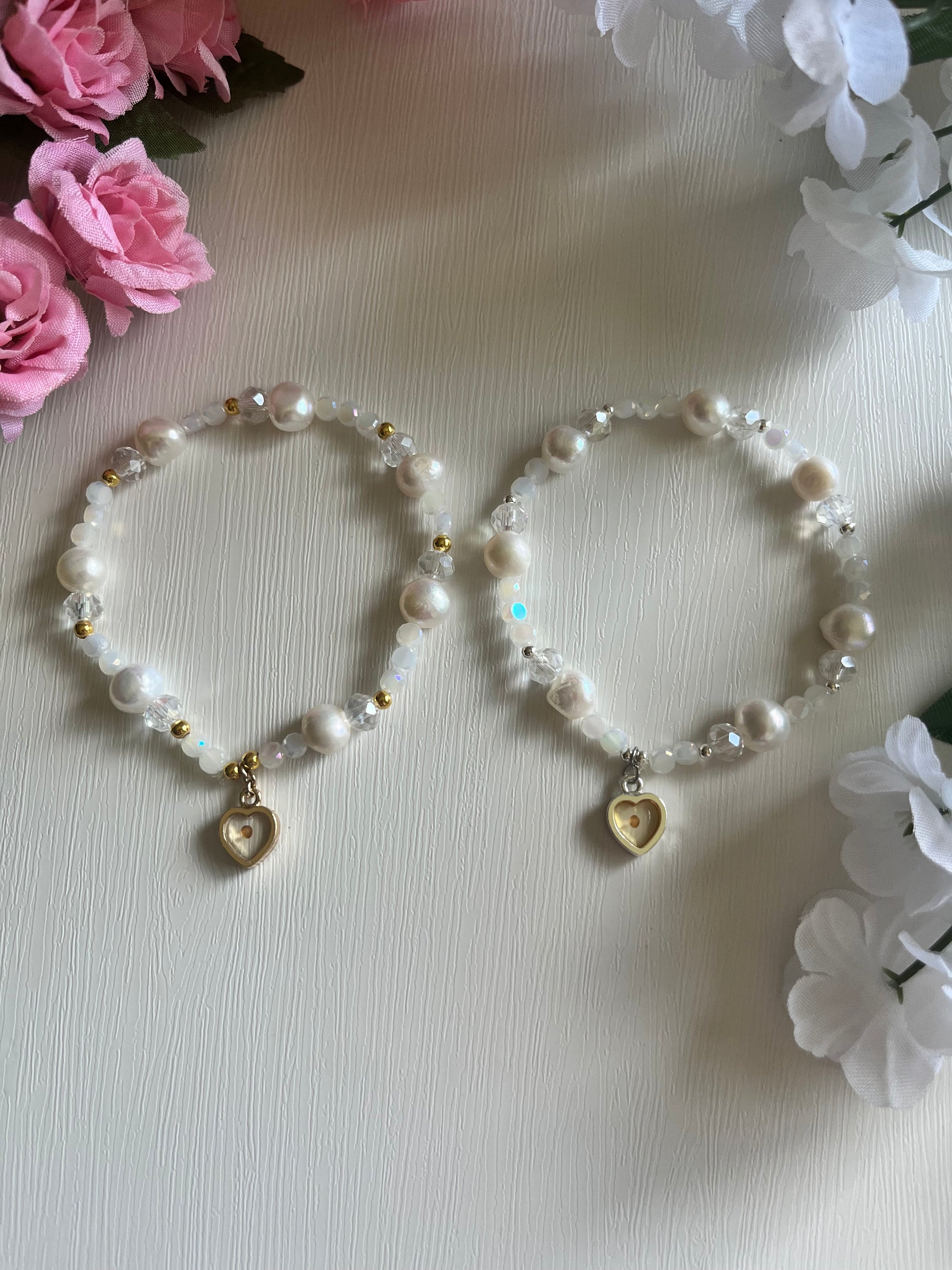 Mustard Seed Freshwater Pearl Bead Bracelet with gold or silver charm